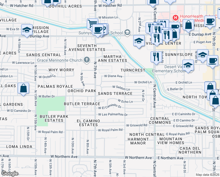 map of restaurants, bars, coffee shops, grocery stores, and more near 342 West Butler Drive in Phoenix