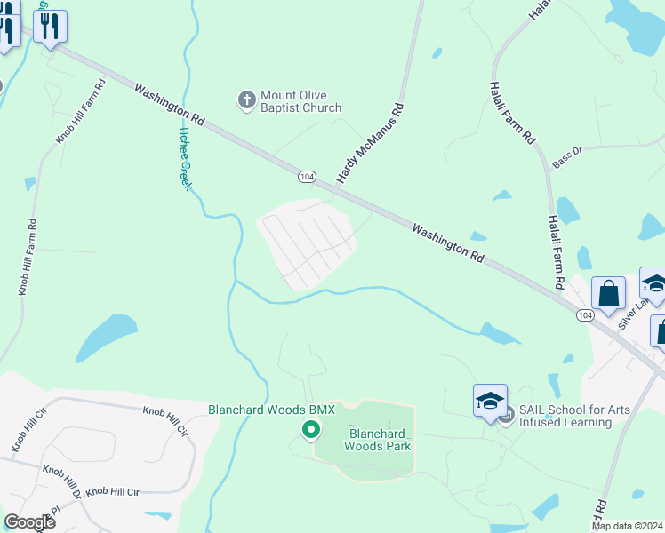 map of restaurants, bars, coffee shops, grocery stores, and more near 4874 Washington Road in Evans