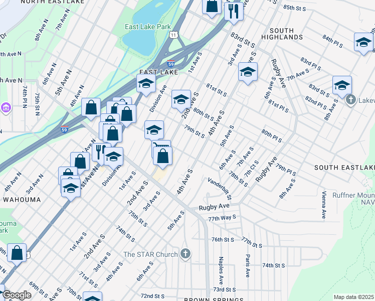map of restaurants, bars, coffee shops, grocery stores, and more near 309 78th Street South in Birmingham