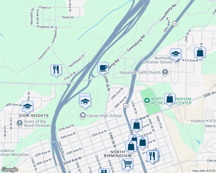 map of restaurants, bars, coffee shops, grocery stores, and more near in Birmingham
