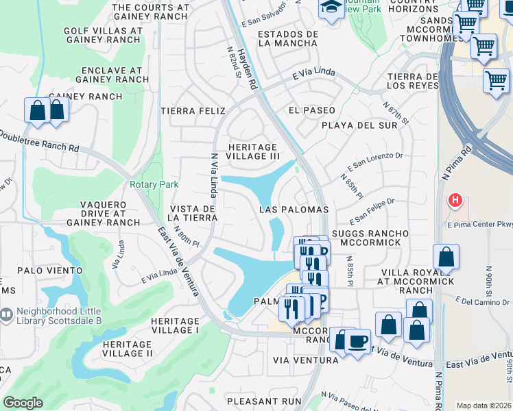 map of restaurants, bars, coffee shops, grocery stores, and more near 8234 East Del Cadena Drive in Scottsdale