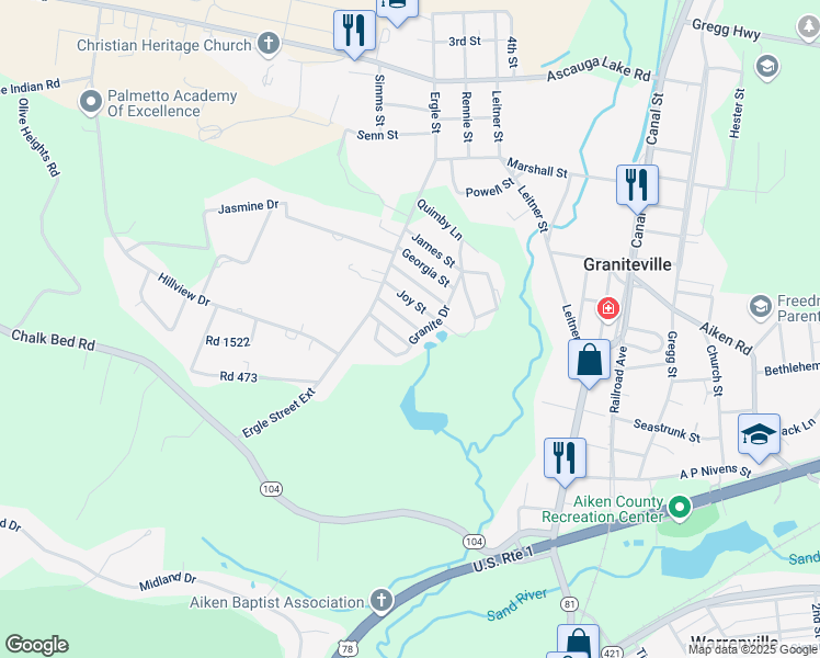 map of restaurants, bars, coffee shops, grocery stores, and more near 119 Granite Drive in Graniteville