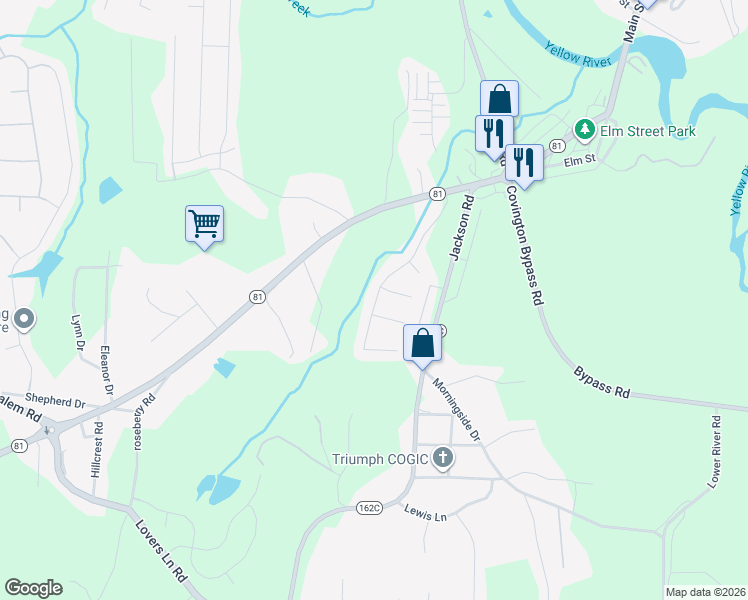 map of restaurants, bars, coffee shops, grocery stores, and more near 180 Wynfield Drive in Porterdale
