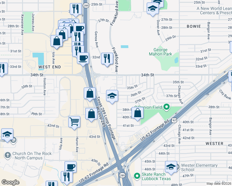 map of restaurants, bars, coffee shops, grocery stores, and more near 3500 Frankford Avenue in Lubbock