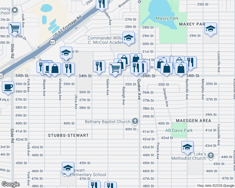map of restaurants, bars, coffee shops, grocery stores, and more near 4511 36th Street in Lubbock