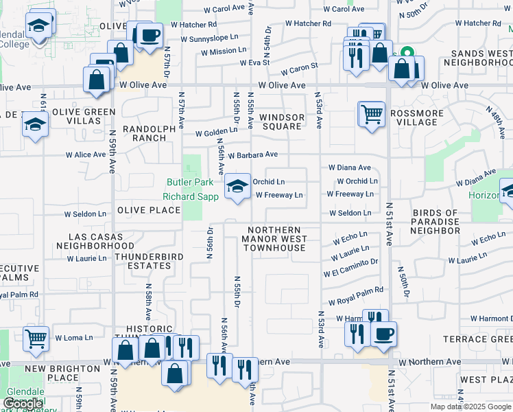 map of restaurants, bars, coffee shops, grocery stores, and more near 8519 North 55th Avenue in Glendale