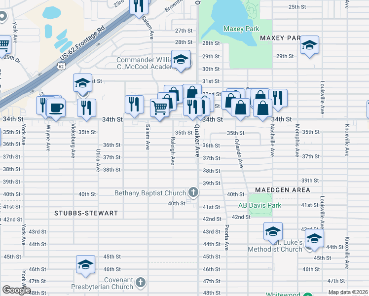 map of restaurants, bars, coffee shops, grocery stores, and more near 4413 36th Street in Lubbock