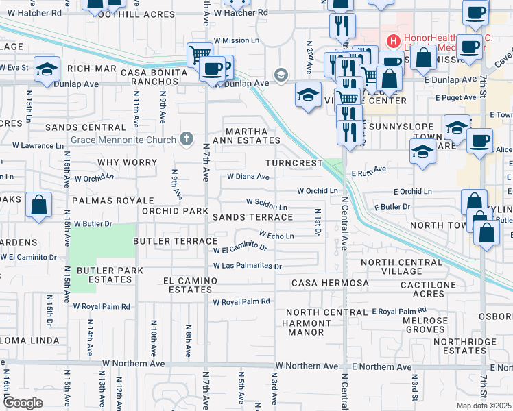 map of restaurants, bars, coffee shops, grocery stores, and more near 342 West Butler Drive in Phoenix