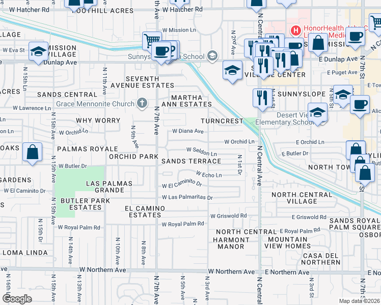 map of restaurants, bars, coffee shops, grocery stores, and more near 342 West Butler Drive in Phoenix