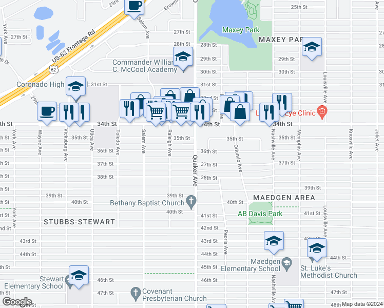 map of restaurants, bars, coffee shops, grocery stores, and more near 4401 36th Street in Lubbock