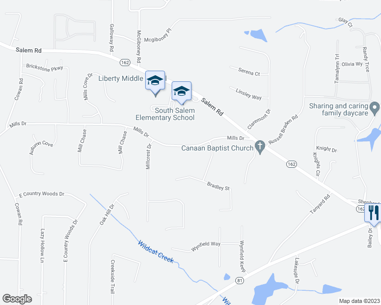 map of restaurants, bars, coffee shops, grocery stores, and more near 151 Mills Drive in Covington