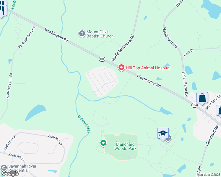 map of restaurants, bars, coffee shops, grocery stores, and more near 4874 Washington Road in Evans