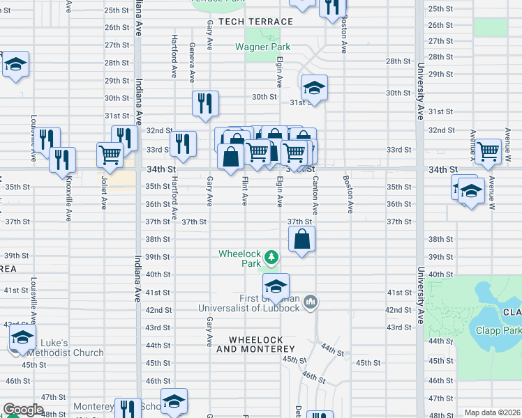map of restaurants, bars, coffee shops, grocery stores, and more near 3008 37th Street in Lubbock