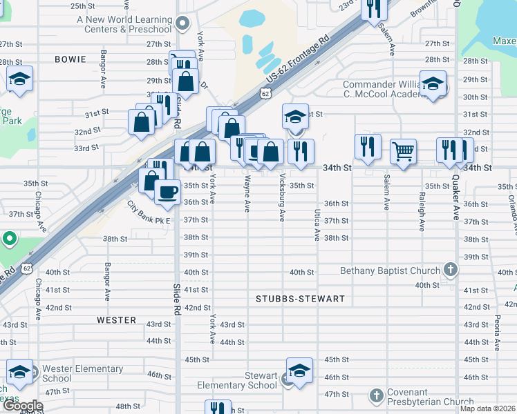 map of restaurants, bars, coffee shops, grocery stores, and more near 4918 37th Street in Lubbock