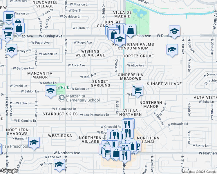 map of restaurants, bars, coffee shops, grocery stores, and more near 8520 North 36th Avenue in Phoenix