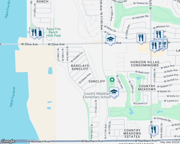 map of restaurants, bars, coffee shops, grocery stores, and more near 11201 West Diana Avenue in Peoria