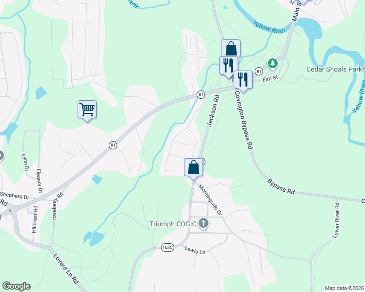 map of restaurants, bars, coffee shops, grocery stores, and more near 40 Oakmont Court in Porterdale