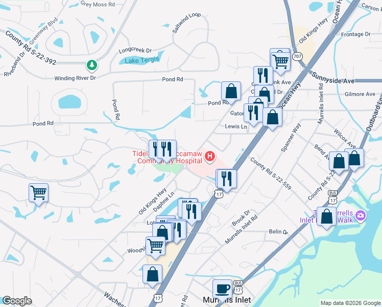 map of restaurants, bars, coffee shops, grocery stores, and more near 3883 Old Kings Highway in Murrells Inlet