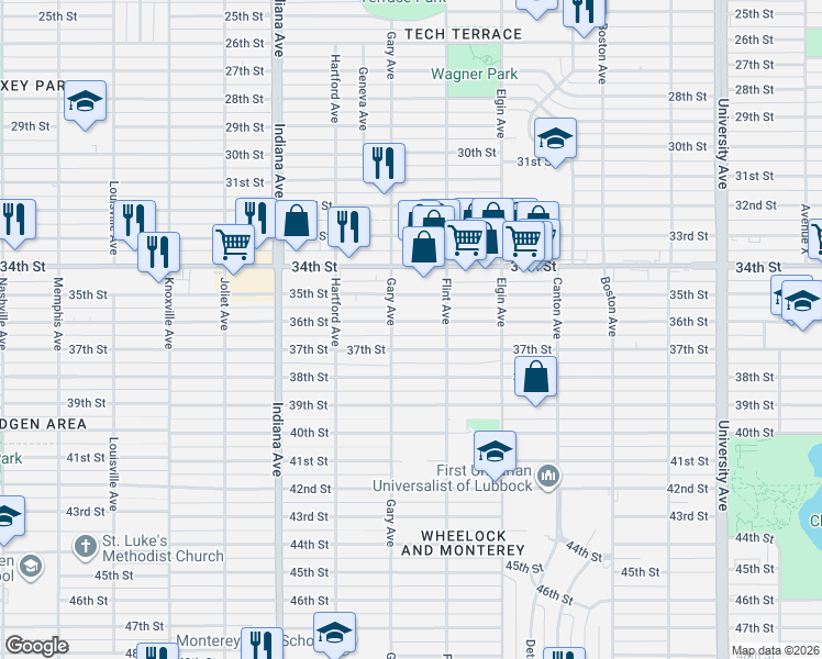 map of restaurants, bars, coffee shops, grocery stores, and more near 3118 37th Street in Lubbock