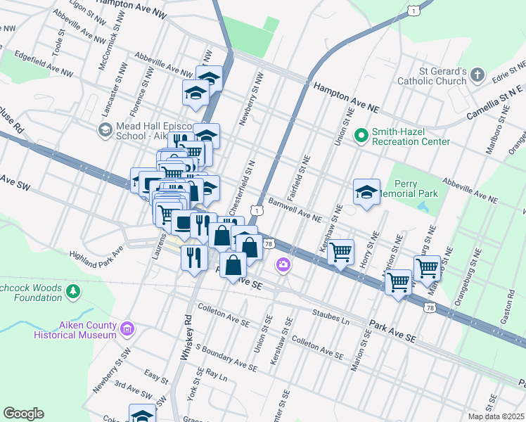 map of restaurants, bars, coffee shops, grocery stores, and more near 136 York Street Northeast in Aiken