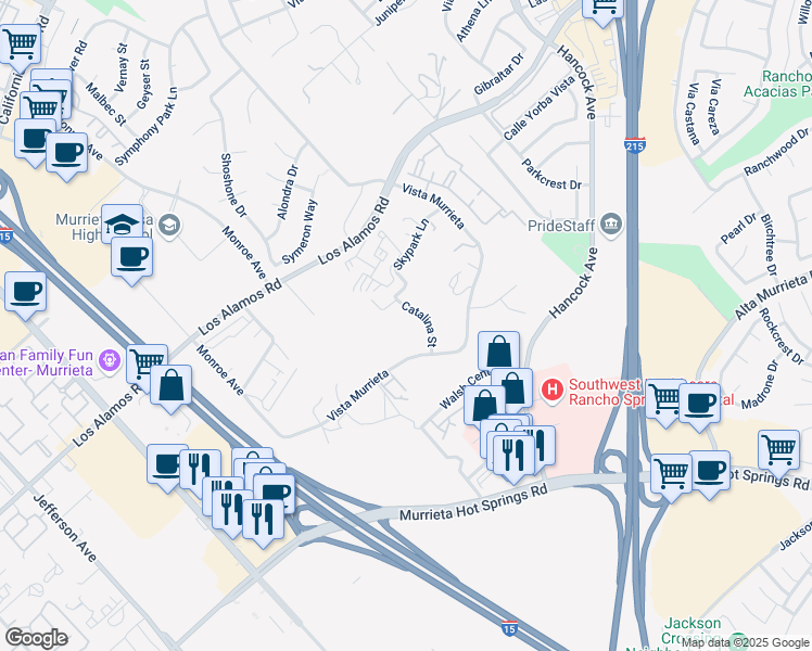 map of restaurants, bars, coffee shops, grocery stores, and more near 25205 Catalina Street in Murrieta