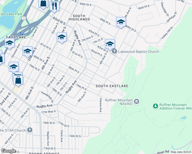 map of restaurants, bars, coffee shops, grocery stores, and more near 804 81st Street South in Birmingham