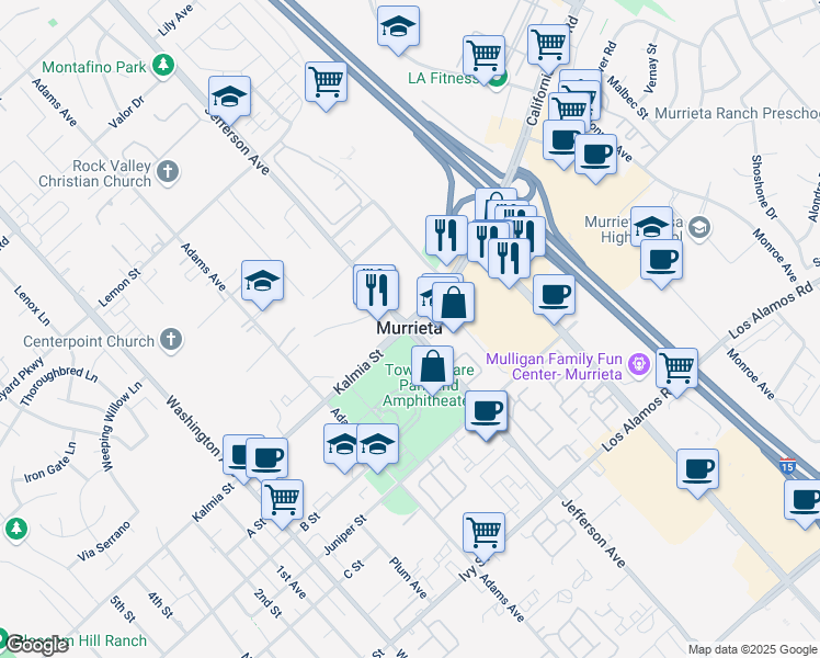 map of restaurants, bars, coffee shops, grocery stores, and more near 41250 Gallop Lane in Murrieta