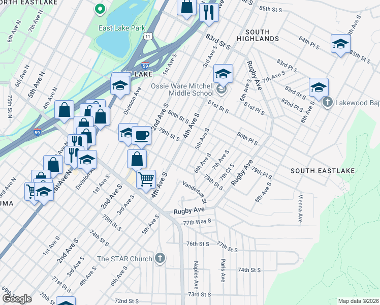 map of restaurants, bars, coffee shops, grocery stores, and more near 7837 5th Avenue South in Birmingham