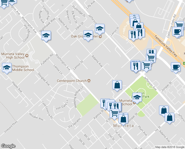 map of restaurants, bars, coffee shops, grocery stores, and more near 41802 Hutchison Court in Murrieta