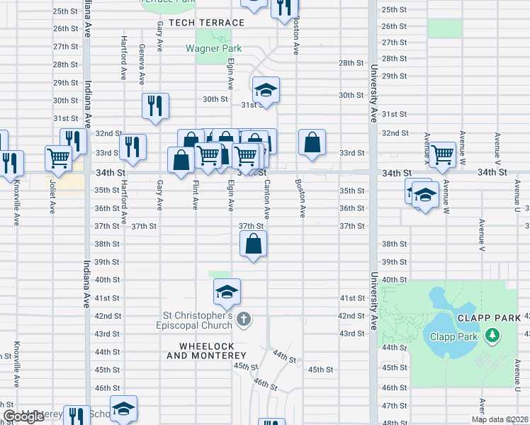 map of restaurants, bars, coffee shops, grocery stores, and more near 2802 37th Street in Lubbock