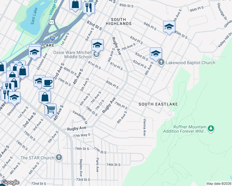 map of restaurants, bars, coffee shops, grocery stores, and more near 8004 Rugby Avenue in Birmingham