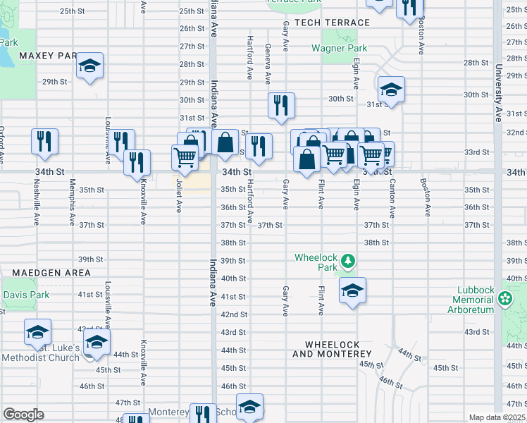map of restaurants, bars, coffee shops, grocery stores, and more near 3210 37th Street in Lubbock