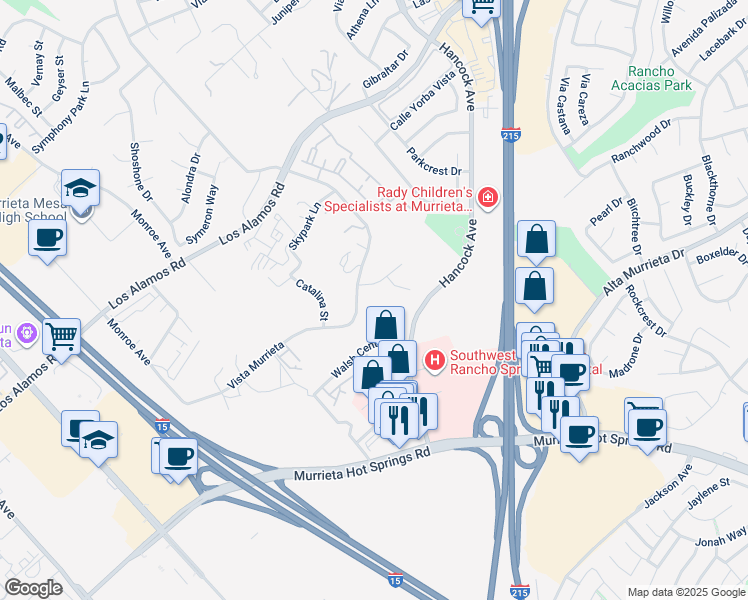 map of restaurants, bars, coffee shops, grocery stores, and more near 40480 Carrigan Road in Murrieta