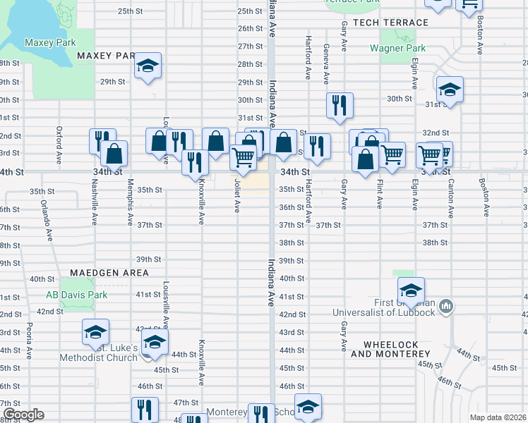 map of restaurants, bars, coffee shops, grocery stores, and more near 3405 36th Street in Lubbock