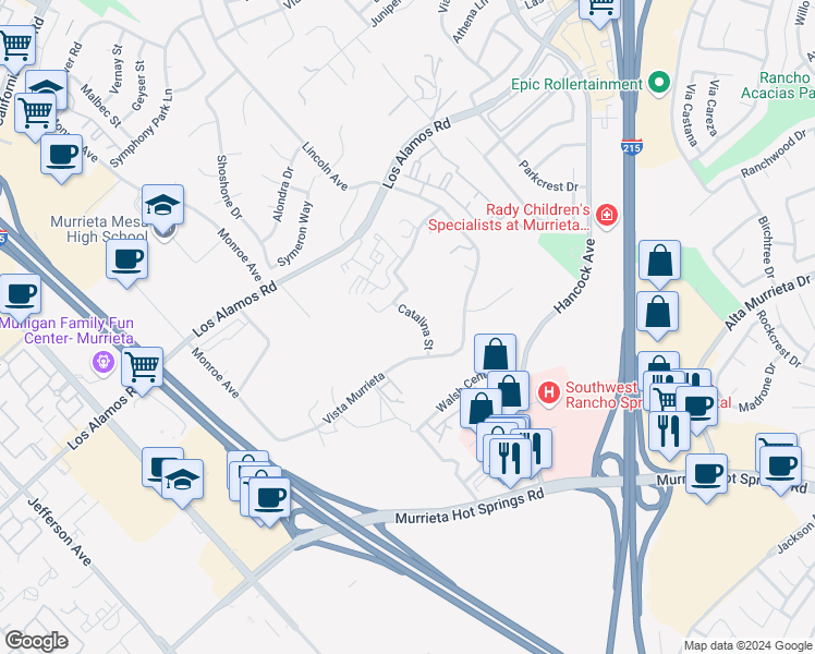 map of restaurants, bars, coffee shops, grocery stores, and more near 25205 Catalina Street in Murrieta