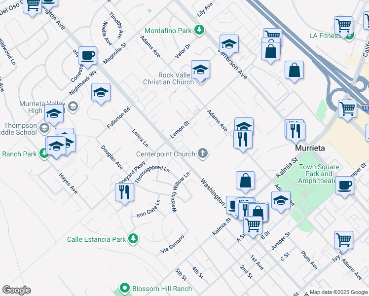 map of restaurants, bars, coffee shops, grocery stores, and more near 41978 Ornella Street in Murrieta