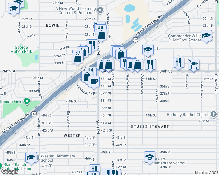 map of restaurants, bars, coffee shops, grocery stores, and more near 3602 York Avenue in Lubbock