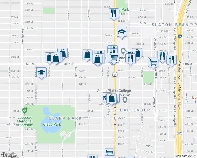 map of restaurants, bars, coffee shops, grocery stores, and more near 1905 36th Street in Lubbock