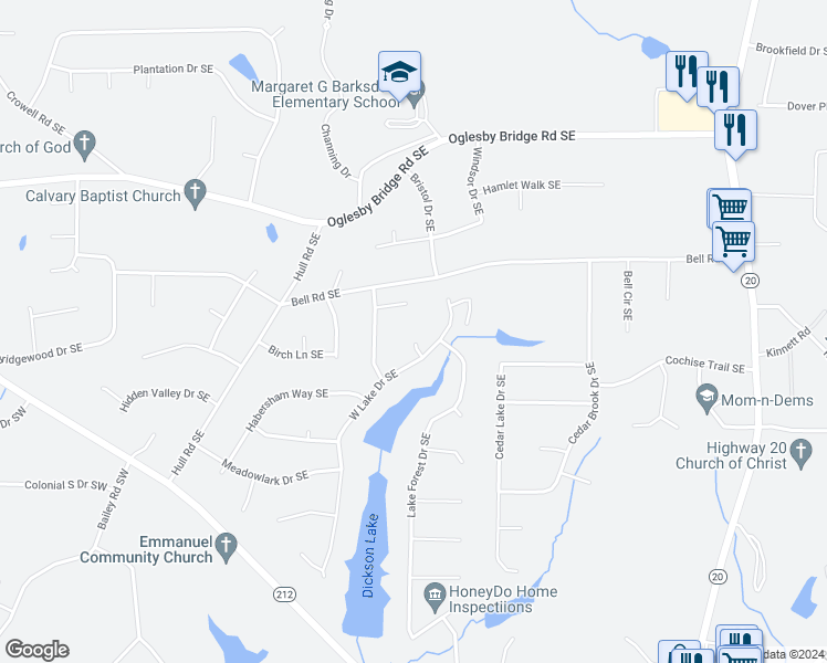 map of restaurants, bars, coffee shops, grocery stores, and more near 4760 Wyndale Circle Southeast in Conyers