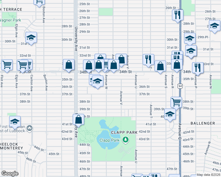 map of restaurants, bars, coffee shops, grocery stores, and more near 2212 37th Street in Lubbock