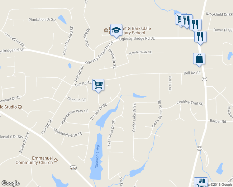 map of restaurants, bars, coffee shops, grocery stores, and more near 4710 West Lake Drive Southeast in Conyers