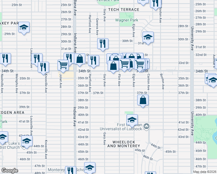 map of restaurants, bars, coffee shops, grocery stores, and more near 3115 36th Street in Lubbock