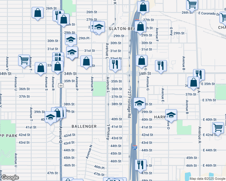 map of restaurants, bars, coffee shops, grocery stores, and more near 1218 37th Street in Lubbock
