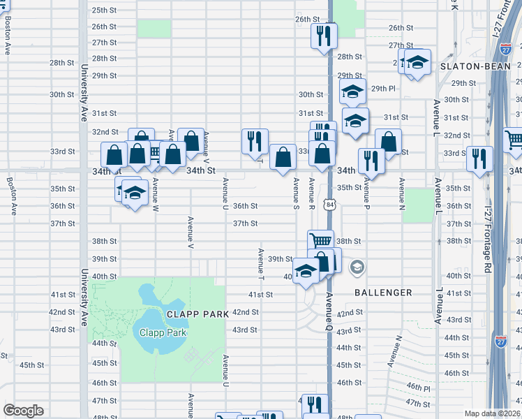 map of restaurants, bars, coffee shops, grocery stores, and more near 1916 37th Street in Lubbock