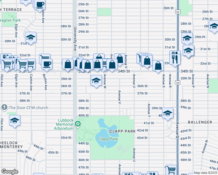 map of restaurants, bars, coffee shops, grocery stores, and more near 2212 37th Street in Lubbock