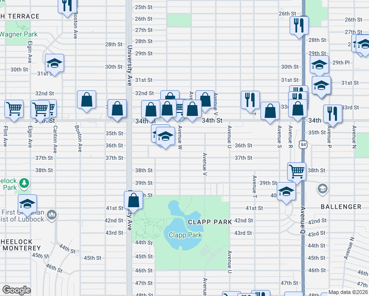 map of restaurants, bars, coffee shops, grocery stores, and more near 2212 37th Street in Lubbock