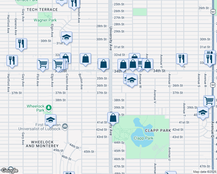 map of restaurants, bars, coffee shops, grocery stores, and more near 2504 37th Street in Lubbock