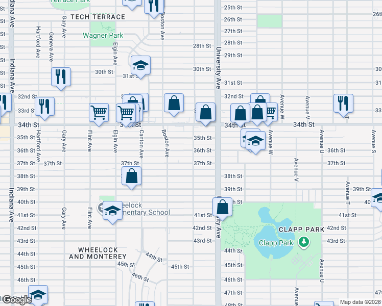 map of restaurants, bars, coffee shops, grocery stores, and more near 2520 37th Street in Lubbock