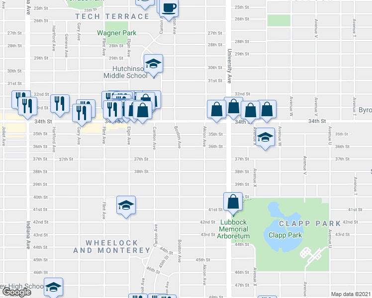 map of restaurants, bars, coffee shops, grocery stores, and more near 2613 37th Street in Lubbock
