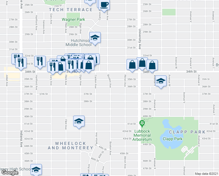 map of restaurants, bars, coffee shops, grocery stores, and more near 2710 37th Street in Lubbock
